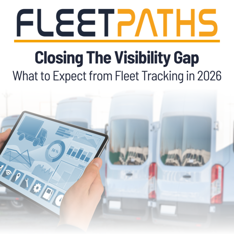 FleetPaths banner: tablet showing fleet analytics with charts in the foreground, row of white delivery vans in the blurred background, and the headline 'Closing The Visibility Gap' above.
